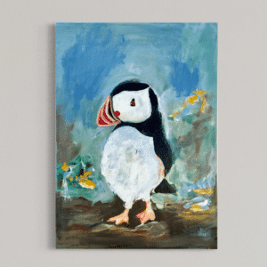 Søpapegøje på grøn og blå baggrund 50x70 cm.