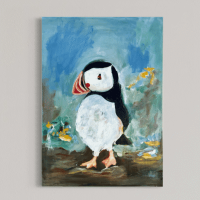 Søpapegøje på grøn og blå baggrund 50x70 cm.