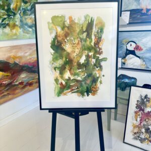 Blæk på papir - fyldige grønlige jordfarver 60x80 cm.